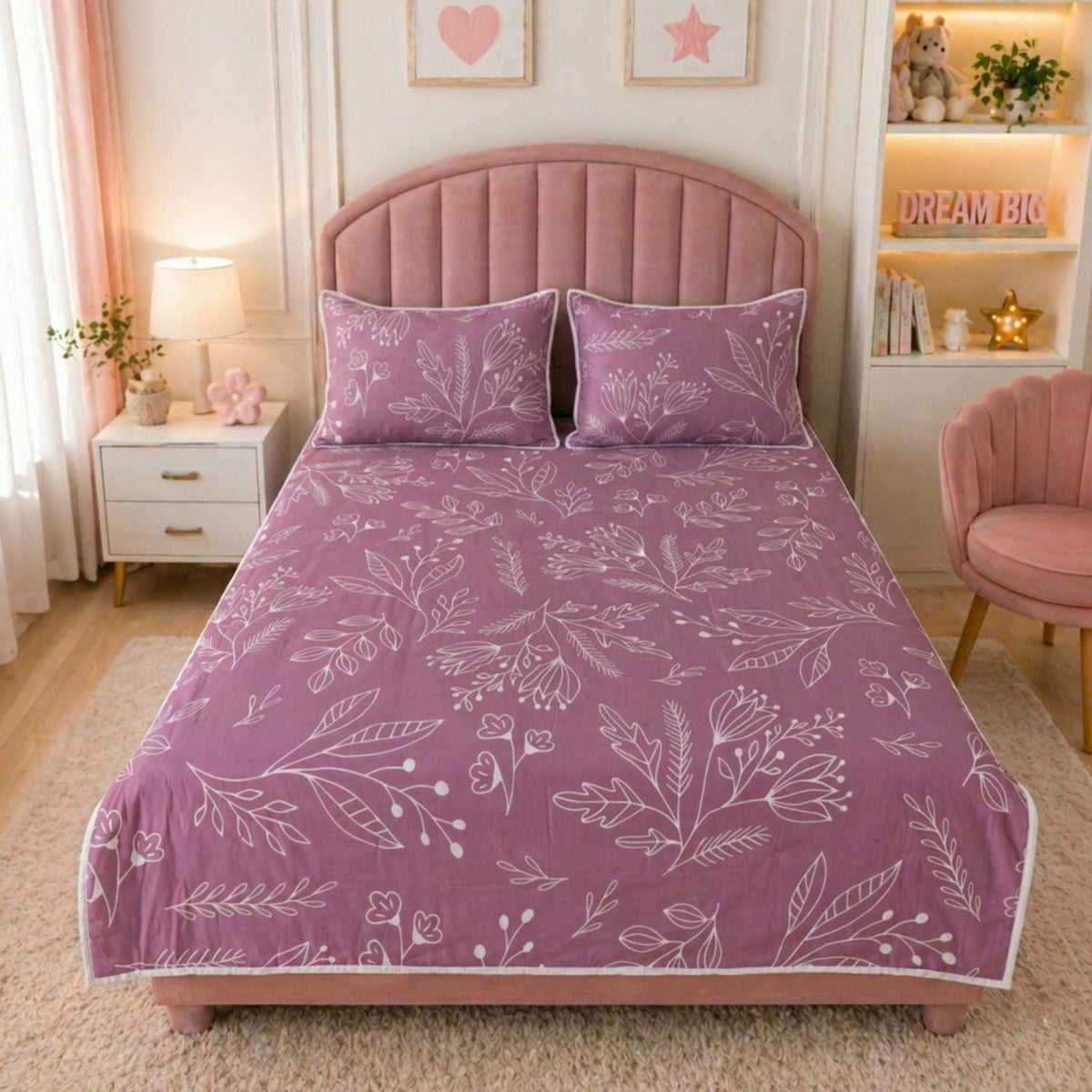 Blush Botanical Whisper Kids Quilt with 2 Pillow Cover
