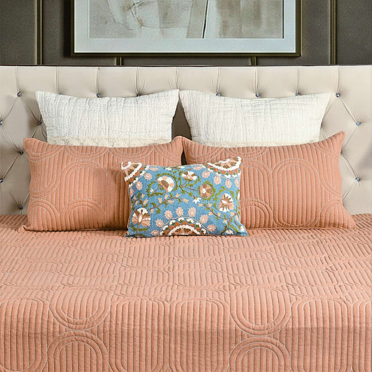 Cotton Linen Geometric Embroidered Quilt Set with Rich Cotton Backing - 2 Pillow Covers