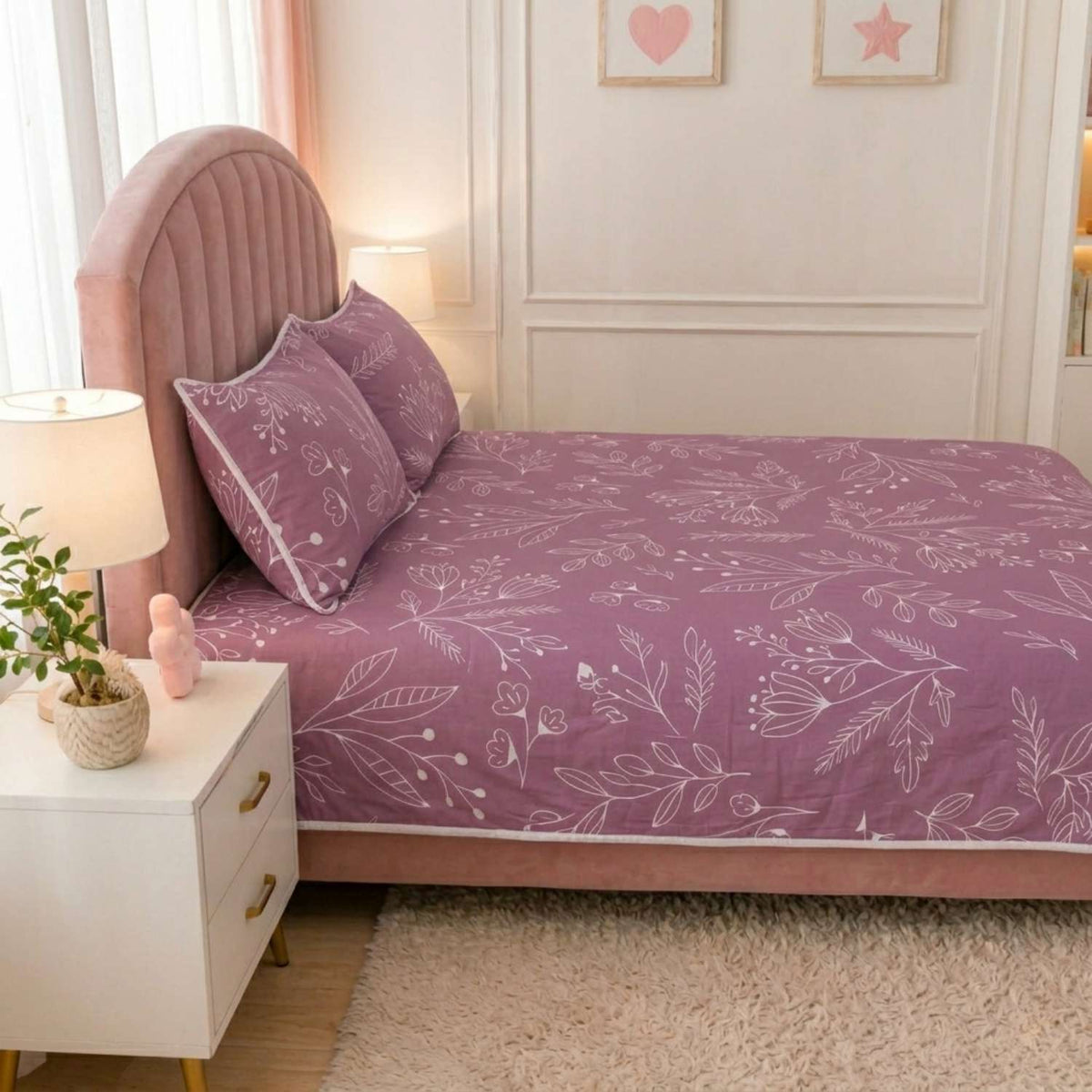 Blush Botanical Whisper Kids Quilt with 2 Pillow Cover
