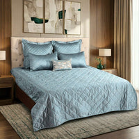 Imperial Blue Faux Silk Embroidered Bedspread with 2 Pillow Covers