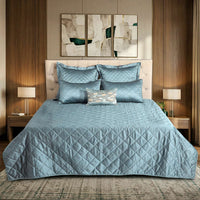 Imperial Blue Faux Silk Embroidered Bedspread with 2 Pillow Covers