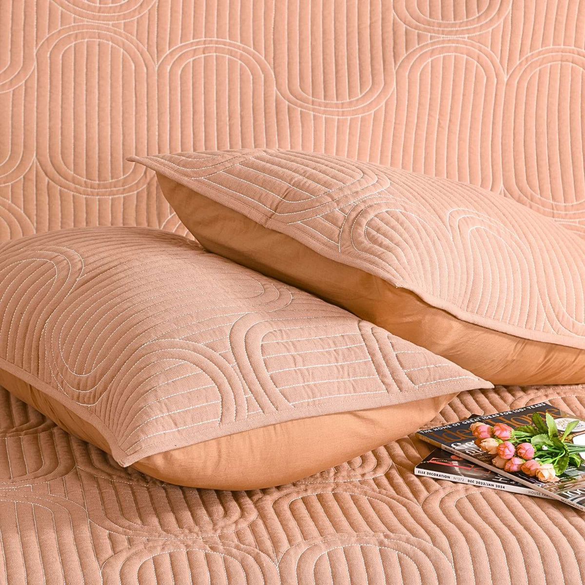Cotton Linen Geometric Embroidered Quilt Set with Rich Cotton Backing - 2 Pillow Covers