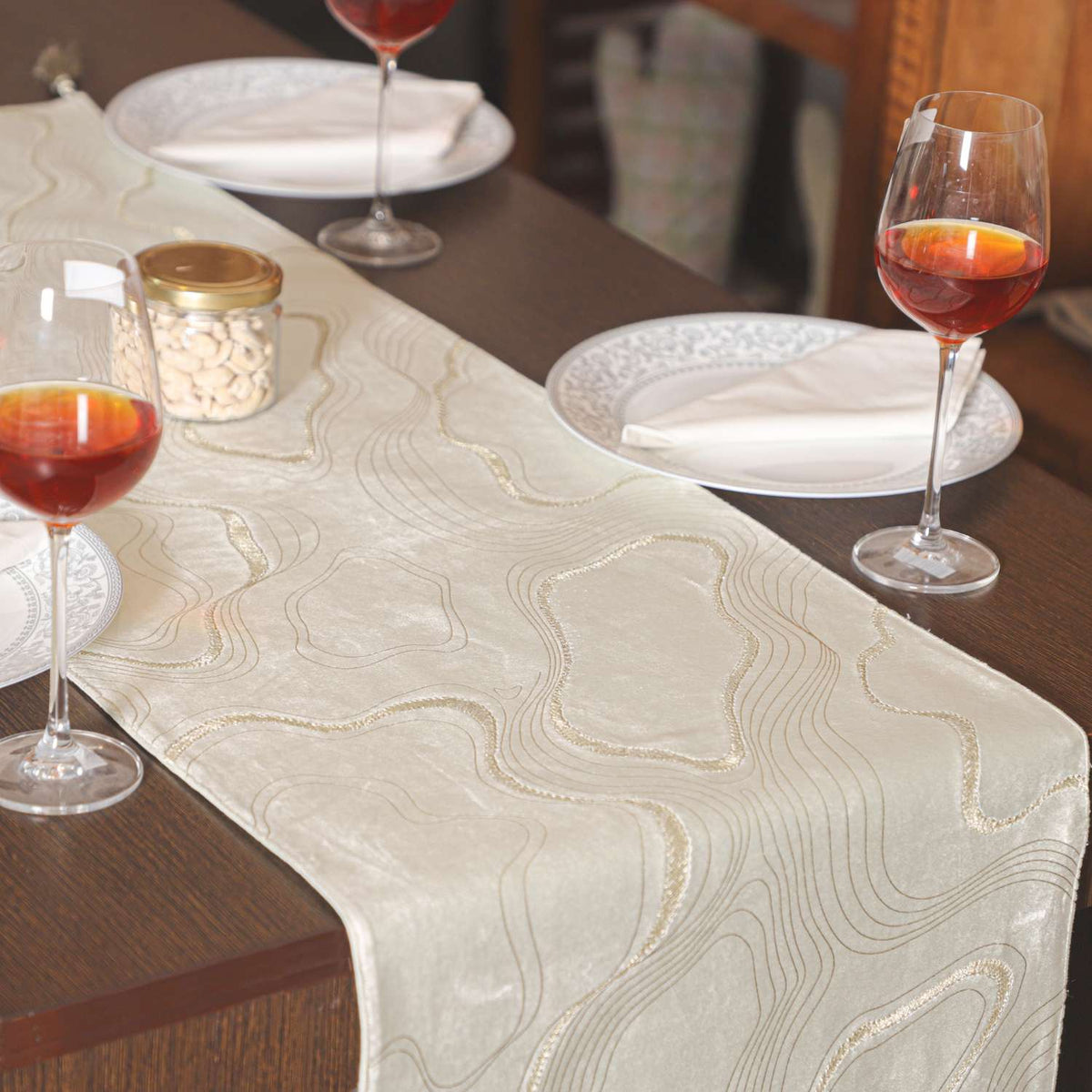 Topographic Foiled Pattern Embroidered Table Runner