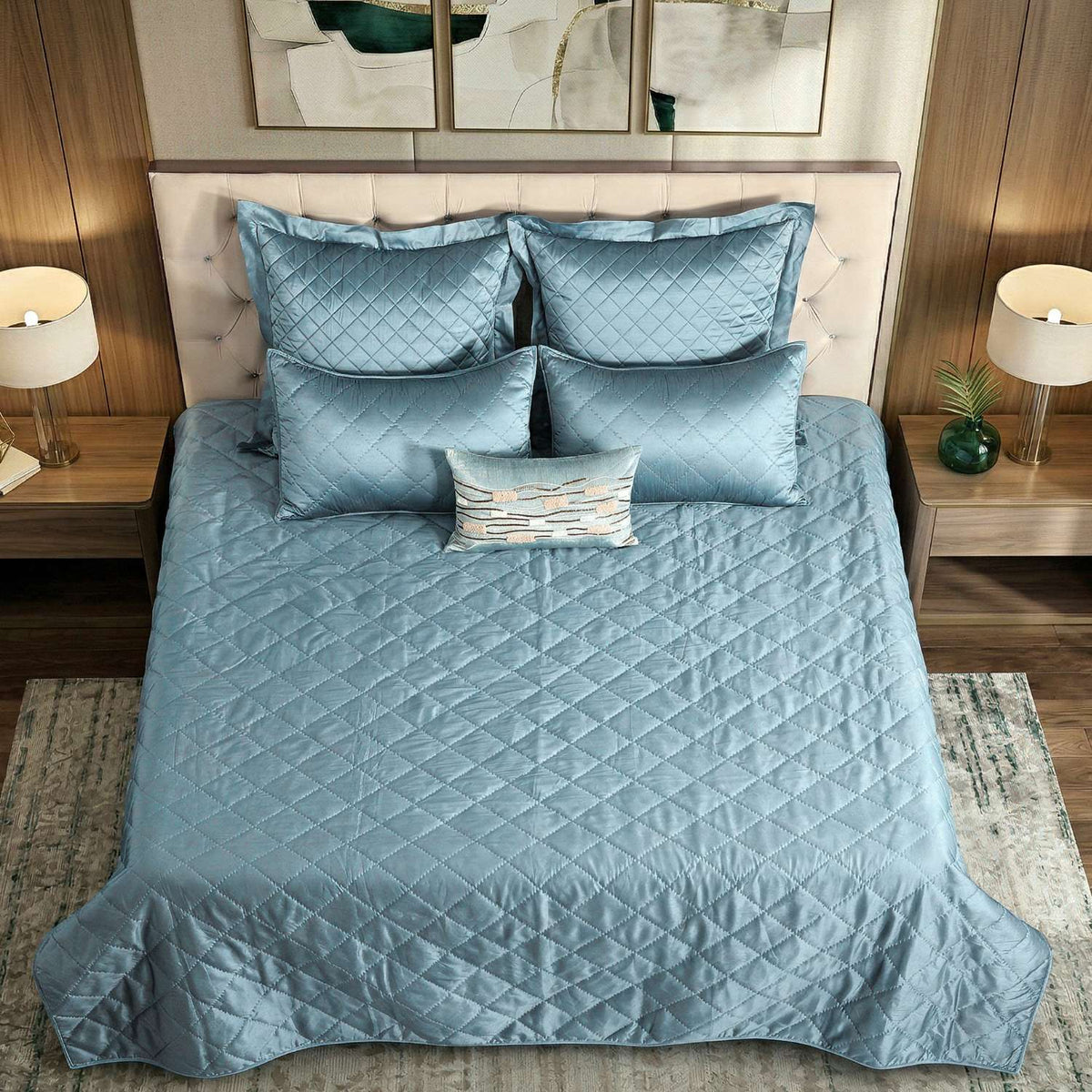 Imperial Blue Faux Silk Embroidered Bedspread with 2 Pillow Covers