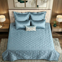 Imperial Blue Faux Silk Embroidered Bedspread with 2 Pillow Covers