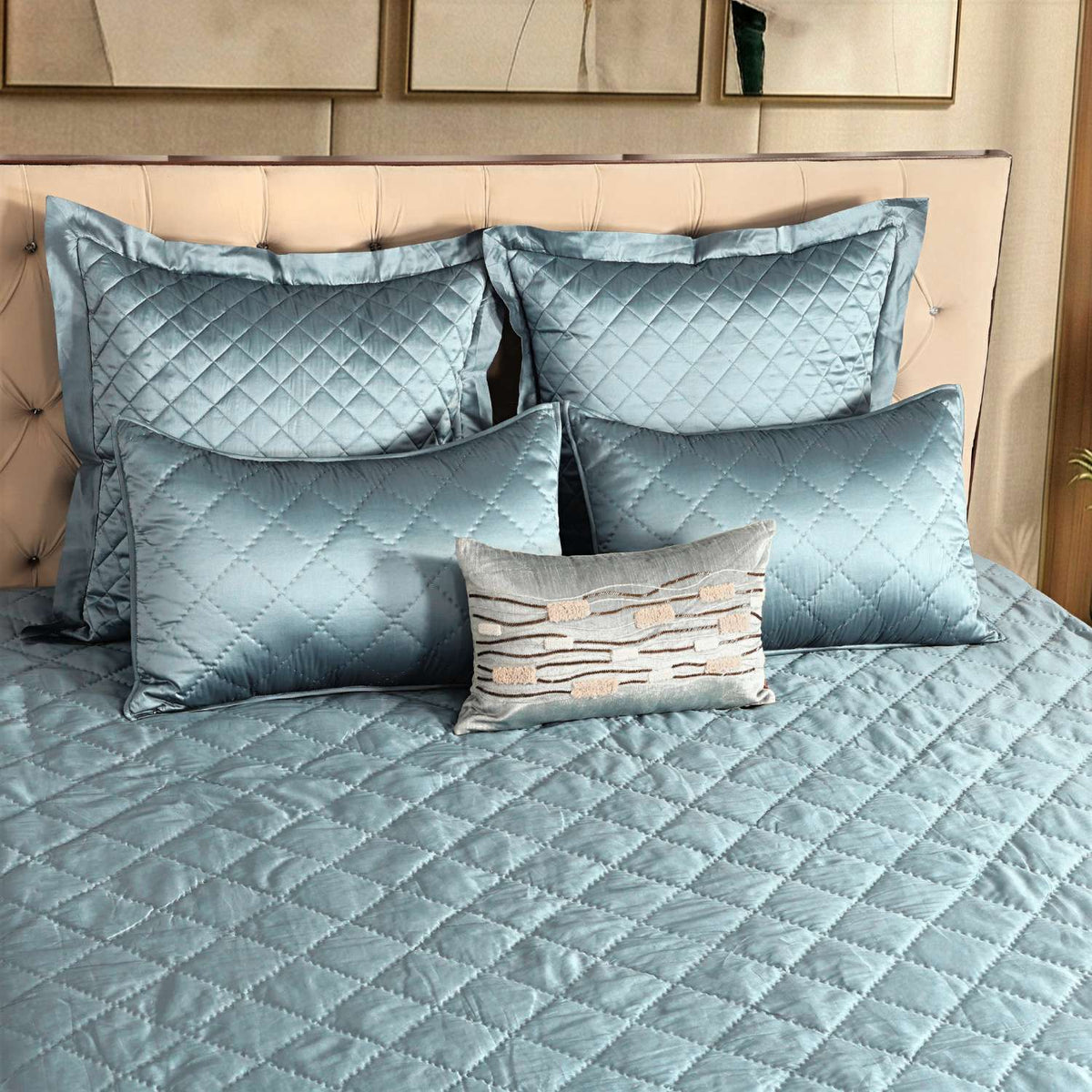 Imperial Blue Faux Silk Embroidered Bedspread with 2 Pillow Covers