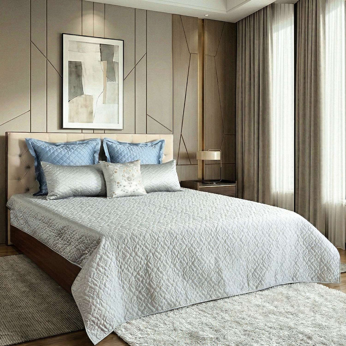 Pearl Grey Faux Silk Embroidered Bedspread with 2 Pillow Covers