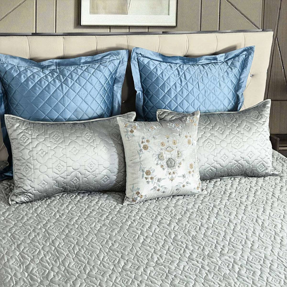 Pearl Grey Faux Silk Embroidered Bedspread with 2 Pillow Covers
