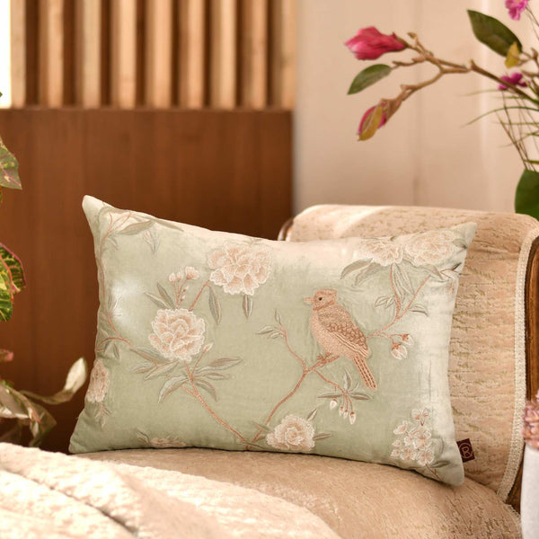 Bird with Botanicals Embroidered Cushion Cover - 12x20 Inch