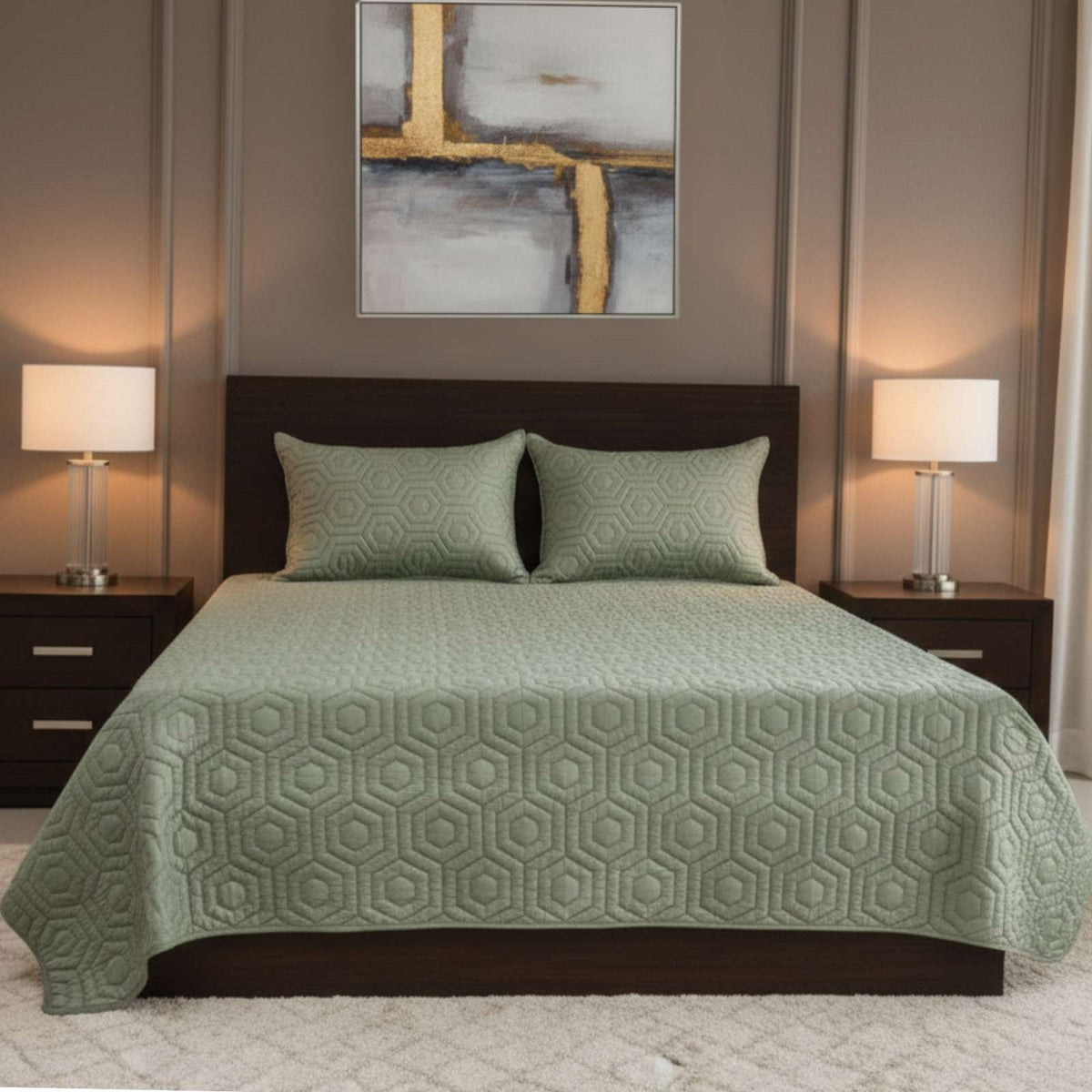 Sage Green Faux Silk Embroidered Bedspread with 2 Pillow Covers