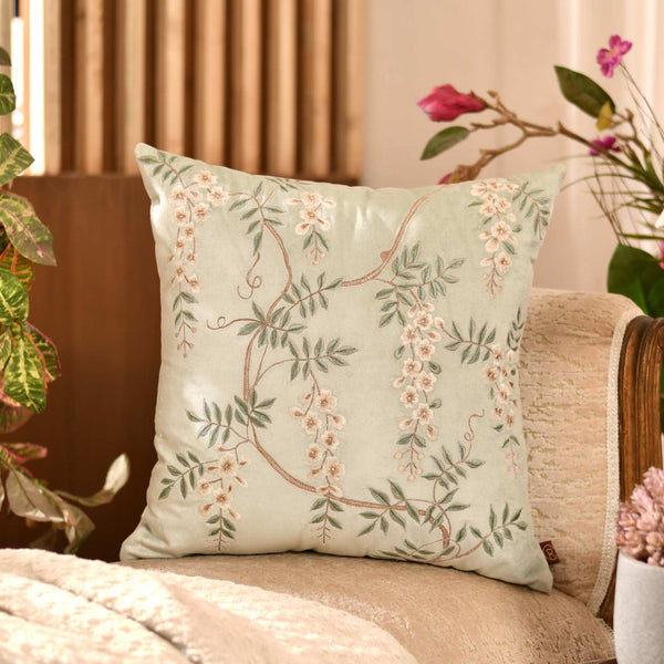 Sea Blue Hanging Florals Embroidered  Cushion Cover