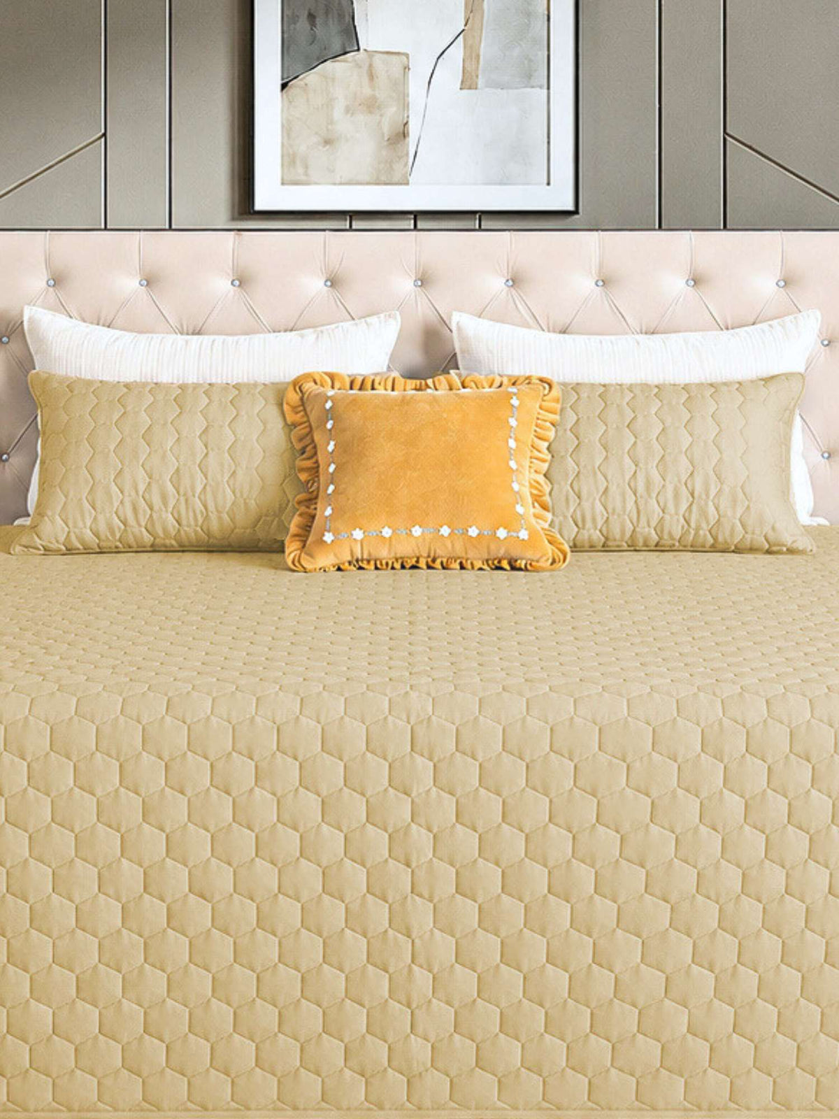 Golden Mist Hexagon Faux Silk Embroidered Bedspread with 2 Pillow Covers