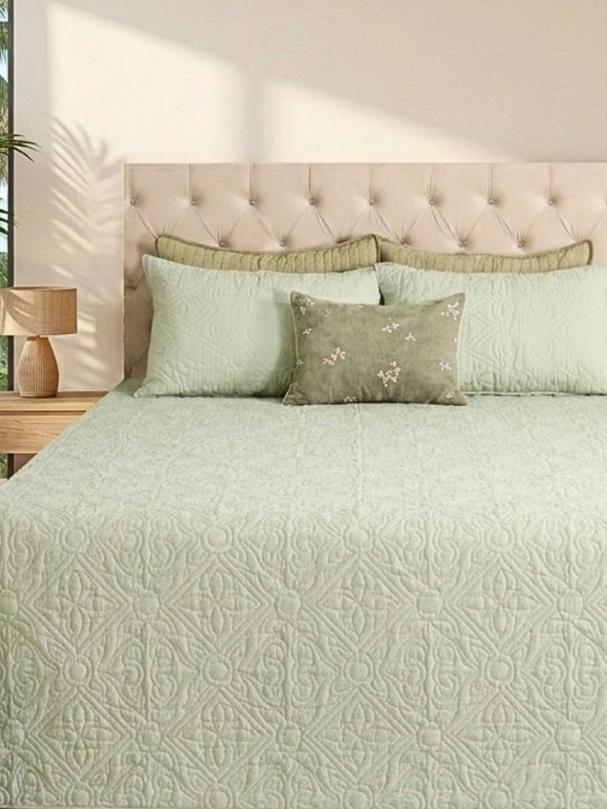 Elysian Cotton Linen Geometrical Embroidered Quilt Bedspread with 2 Pillow Covers