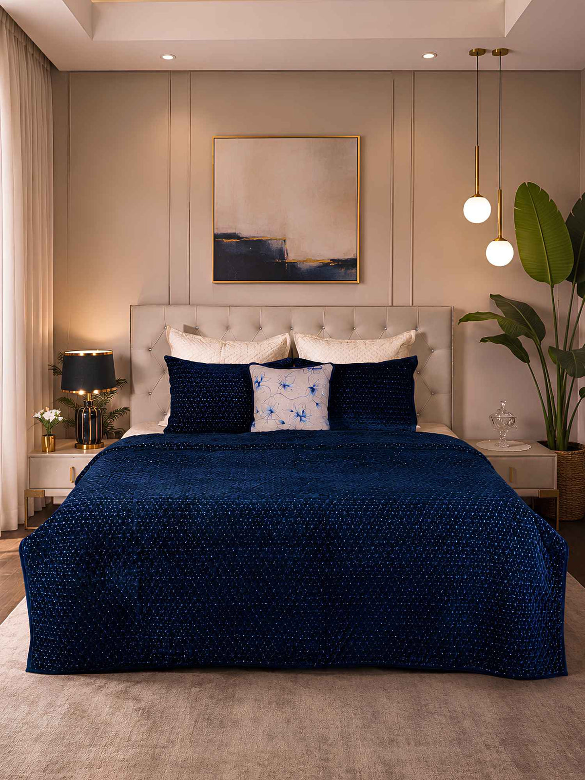Midnight Stitch | Hand-Quilted & Hand-Embroidered Cotton Velvet Bedspread – Blue