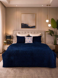 Midnight Stitch | Hand-Quilted & Hand-Embroidered Cotton Velvet Bedspread – Blue