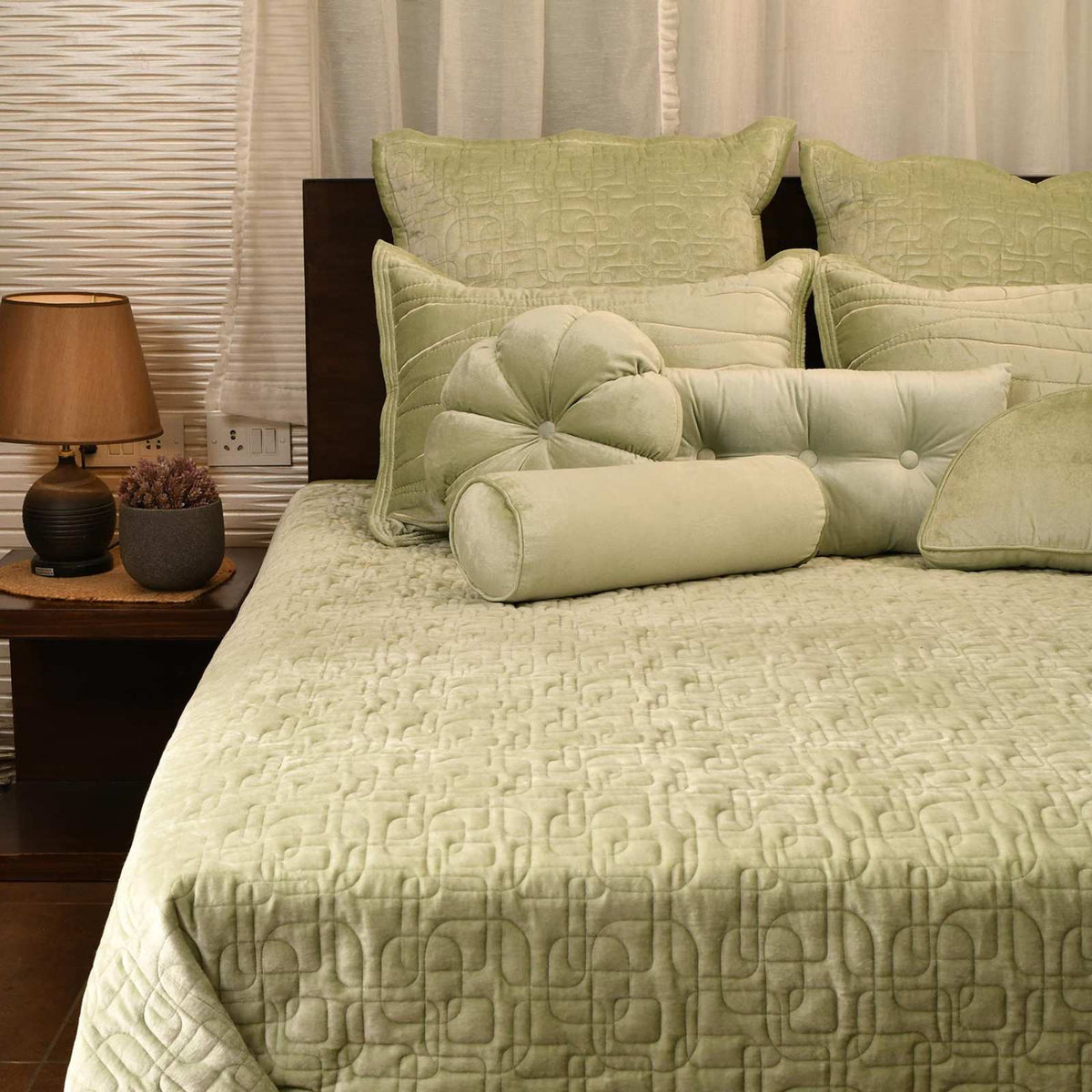 Verdant Royale Velvet Embroidered Bedspread with 2 Pillow Covers