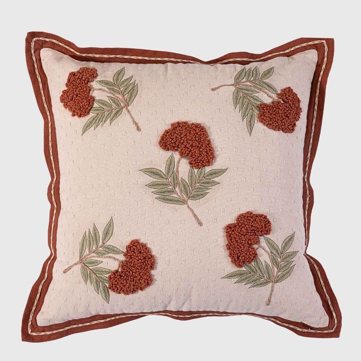 Rust Bloom Hand Embroidered Cotton Slub Cushion Cover