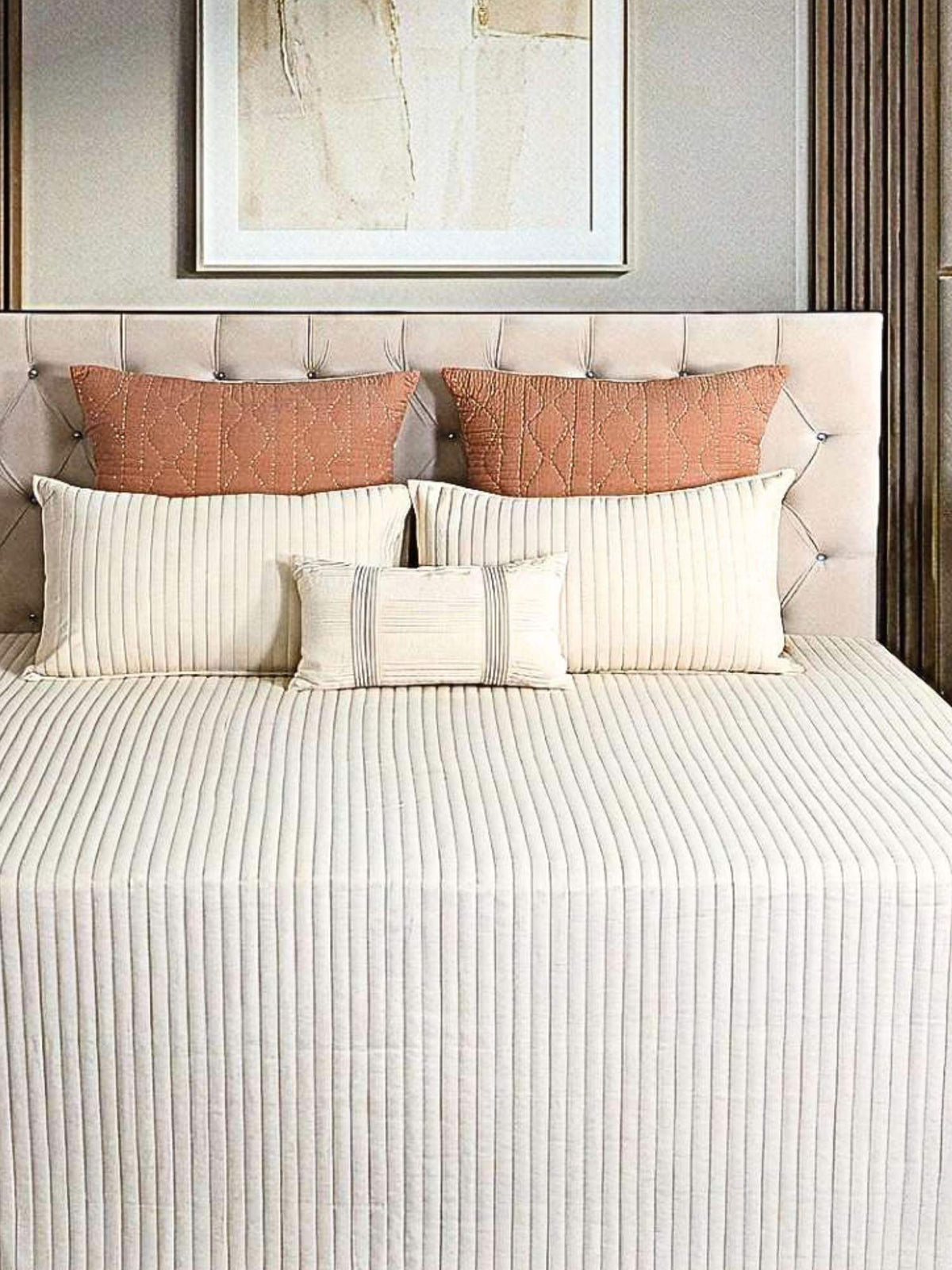Linear Luxe Cotton Linen Embroidered Bedspread with 2 Pillow Covers