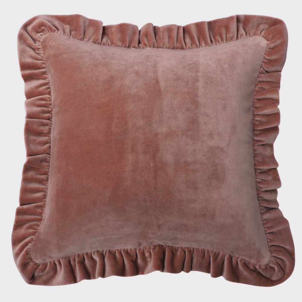 Brown Cotton Velvet Frill Cushion Cover
