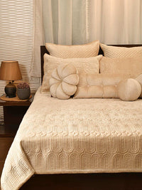 Elan Beige Velvet Quilted Embroidered Bedspread with 2 Pillow Covers