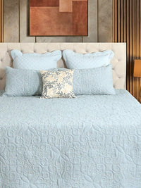 Blue Cotton Linen Geometrical Embroidered Bedspread Set with 2 Pillow Covers