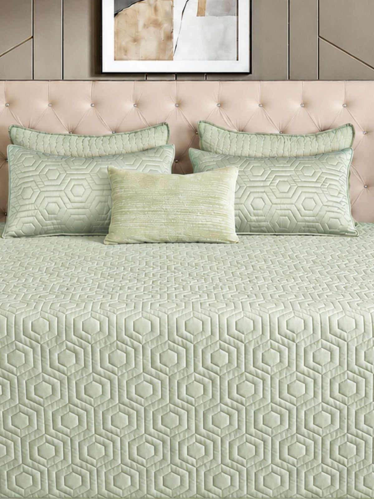 Sage Green Faux Silk Embroidered Bedspread with 2 Pillow Covers
