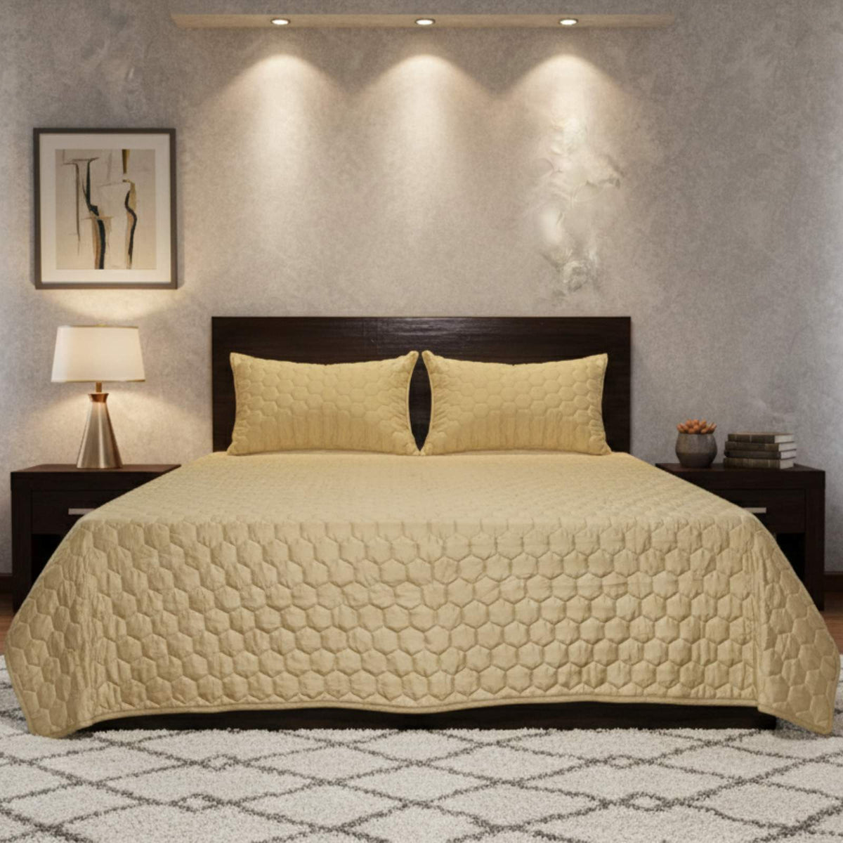 Golden Mist Hexagon Faux Silk Embroidered Bedspread with 2 Pillow Covers