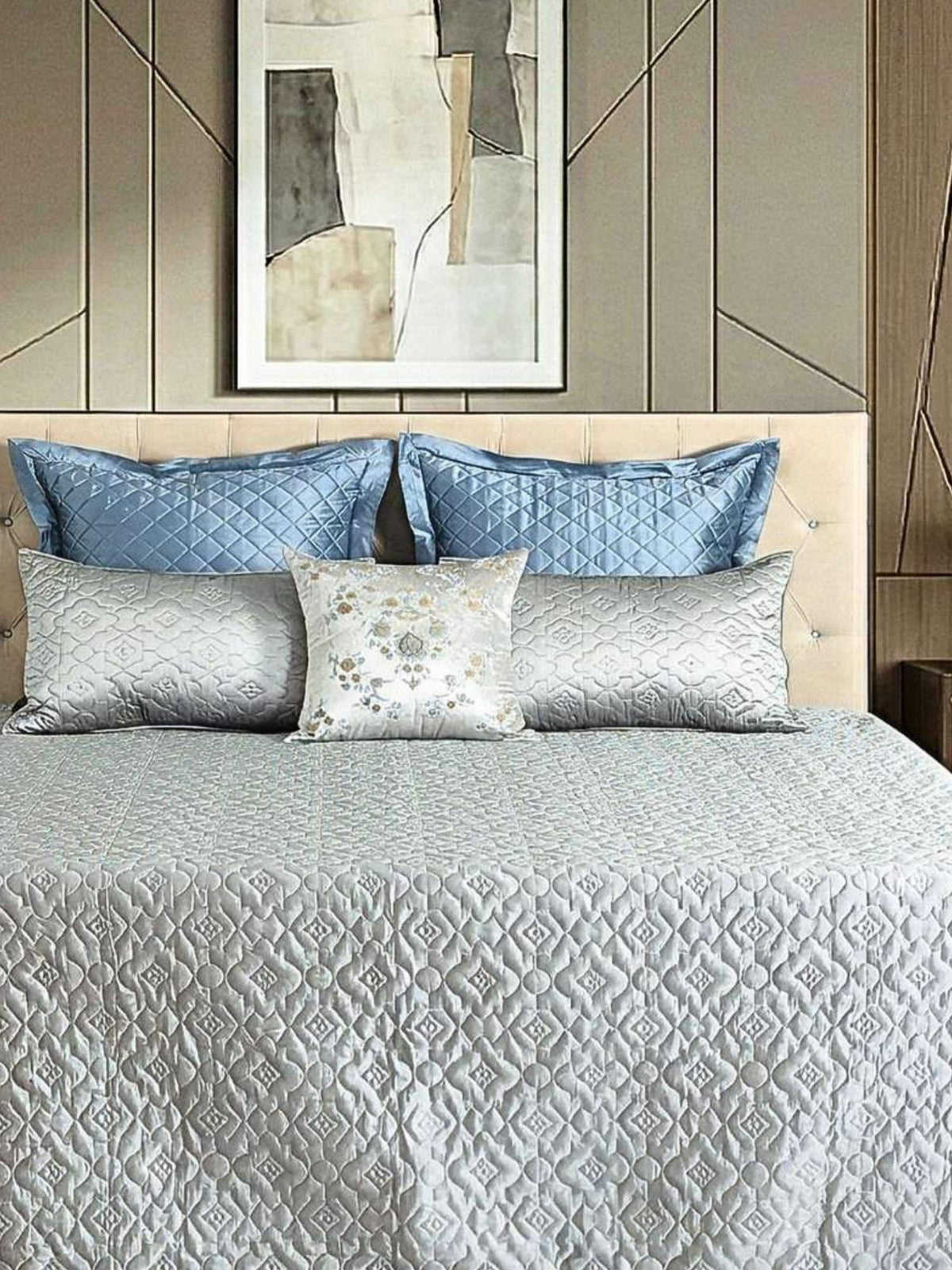 Pearl Grey Faux Silk Embroidered Bedspread with 2 Pillow Covers