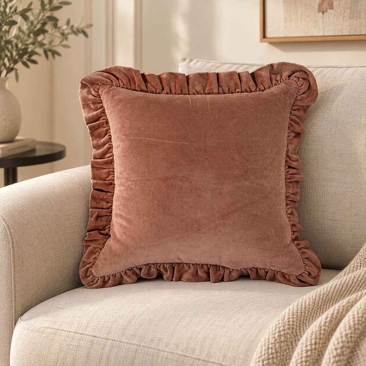 Brown Cotton Velvet Frill Cushion Cover