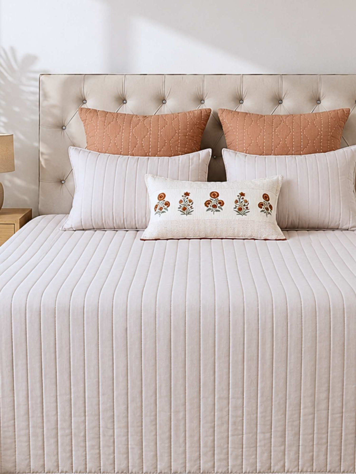 Eterna Beige Embroidered Quilt Bedspread with 2 Pillow Covers