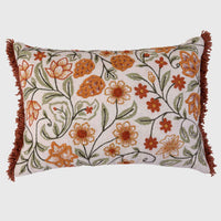 Autumn Meadow Floral Embroidered Cotton Slub Cushion Cover - 12x20 Inch
