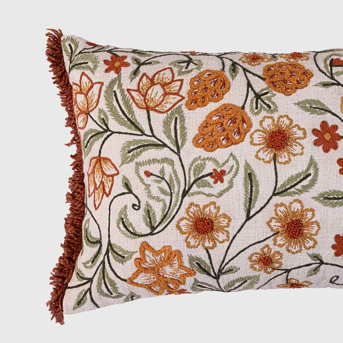Autumn Meadow Floral Embroidered Cotton Slub Cushion Cover - 12x20 Inch