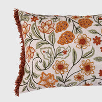 Autumn Meadow Floral Embroidered Cotton Slub Cushion Cover - 12x20 Inch