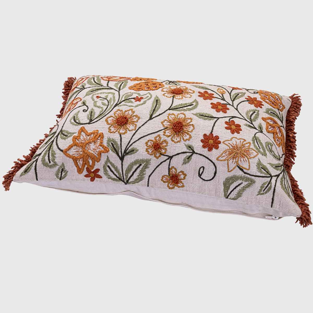 Autumn Meadow Floral Embroidered Cotton Slub Cushion Cover - 12x20 Inch