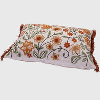 Autumn Meadow Floral Embroidered Cotton Slub Cushion Cover - 12x20 Inch