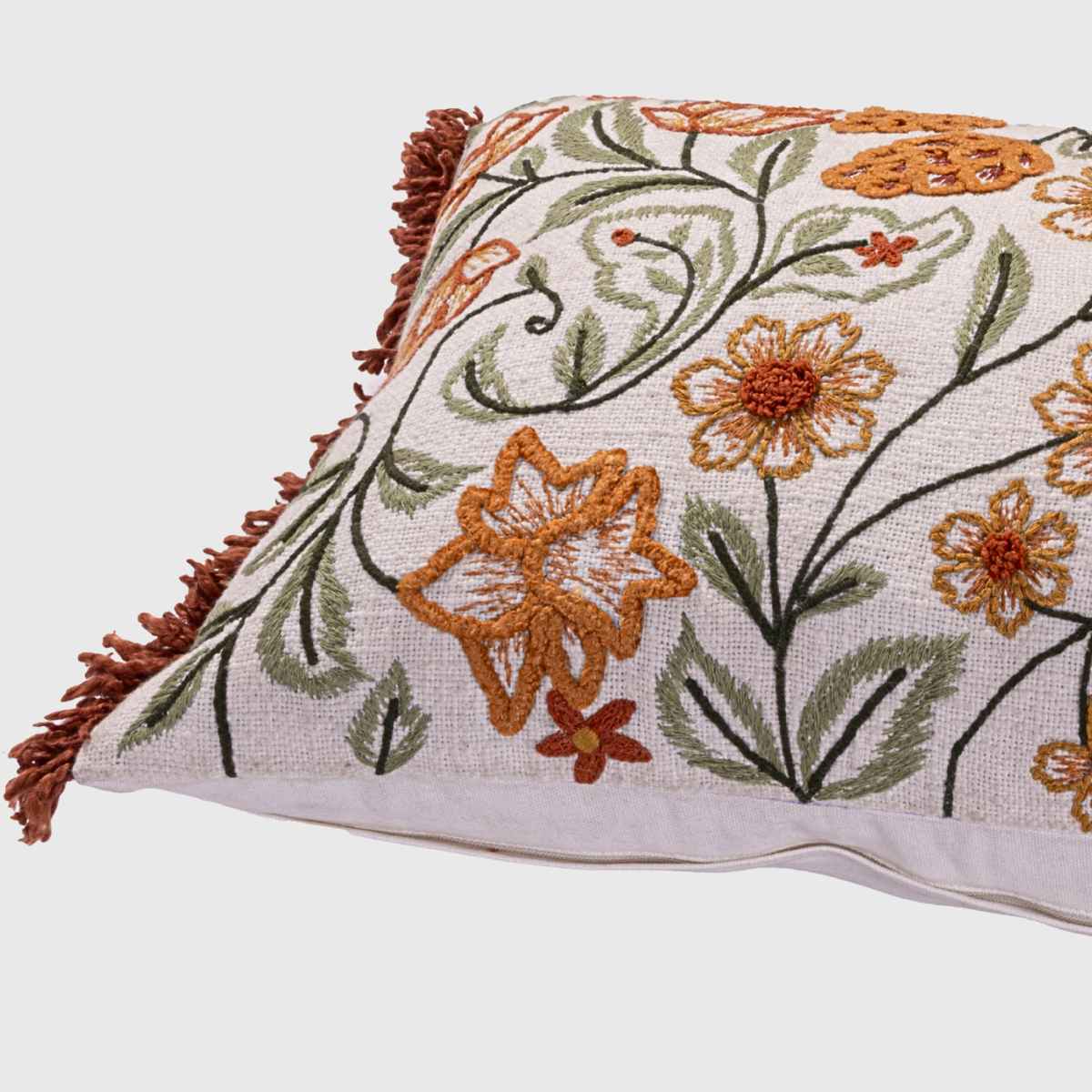Autumn Meadow Floral Embroidered Cotton Slub Cushion Cover - 12x20 Inch