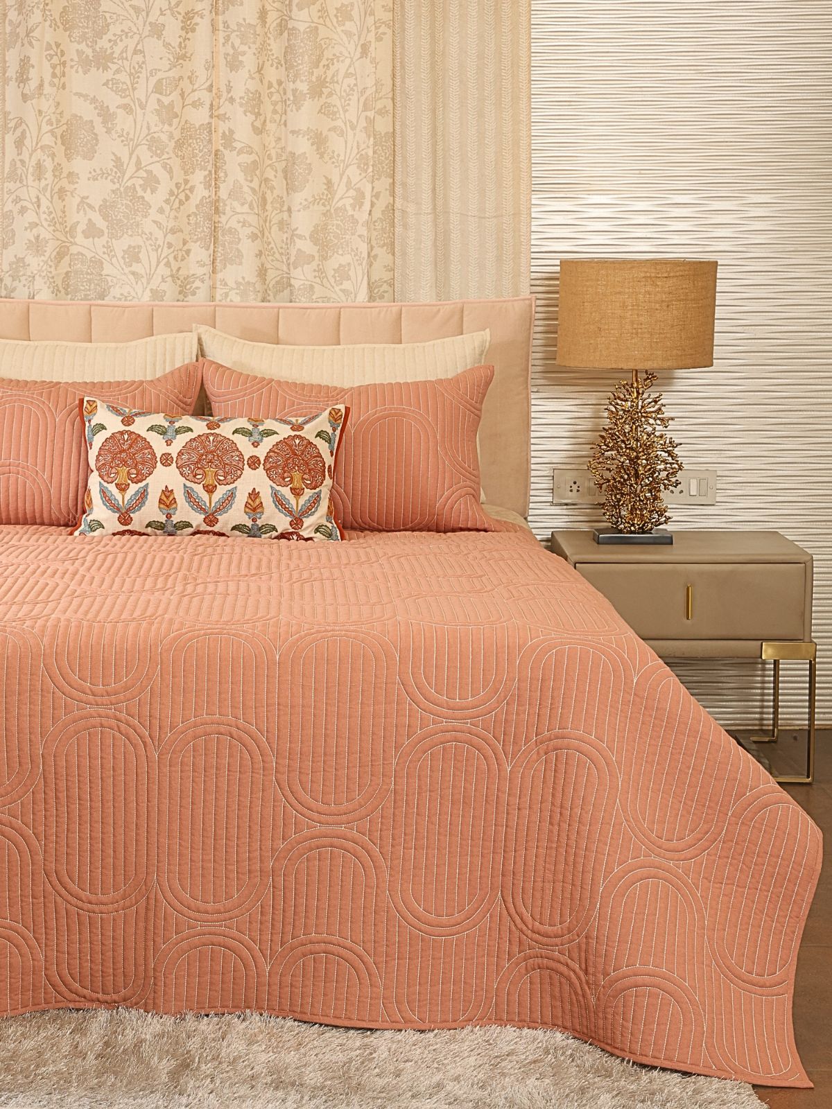 Cotton Linen Geometric Embroidered Quilted Bedspread Set with 2 Pillow Covers