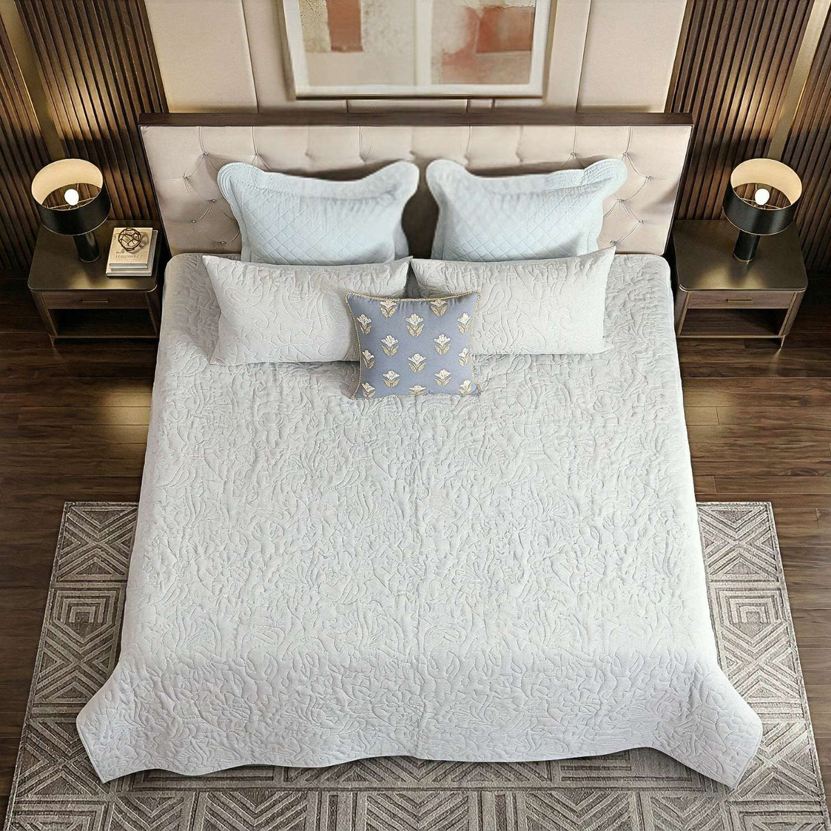 Elara Linen Embroidered Quilt Set – Heritage Grey with 2 Pillow Covers