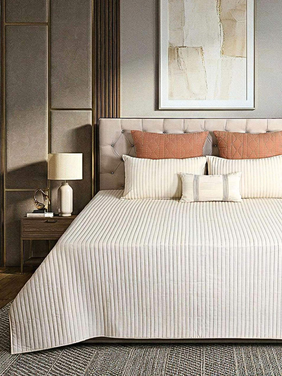Linear Luxe Cotton Linen Embroidered Bedspread with 2 Pillow Covers
