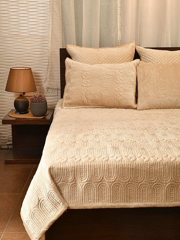 Elan Beige Velvet Quilted Embroidered Bedspread with 2 Pillow Covers