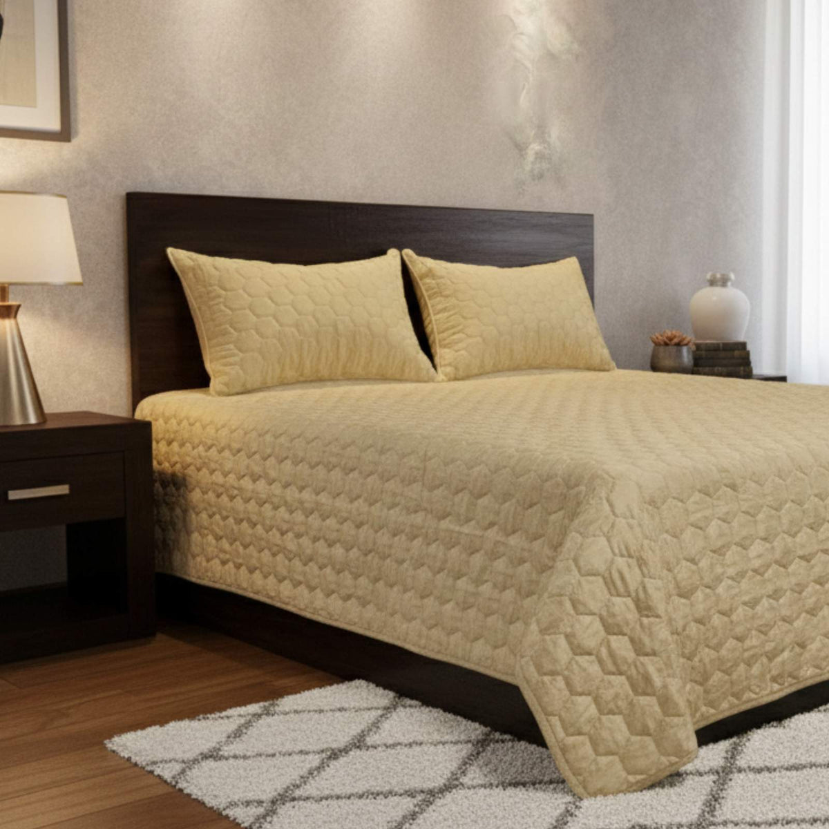 Golden Mist Hexagon Faux Silk Embroidered Bedspread with 2 Pillow Covers