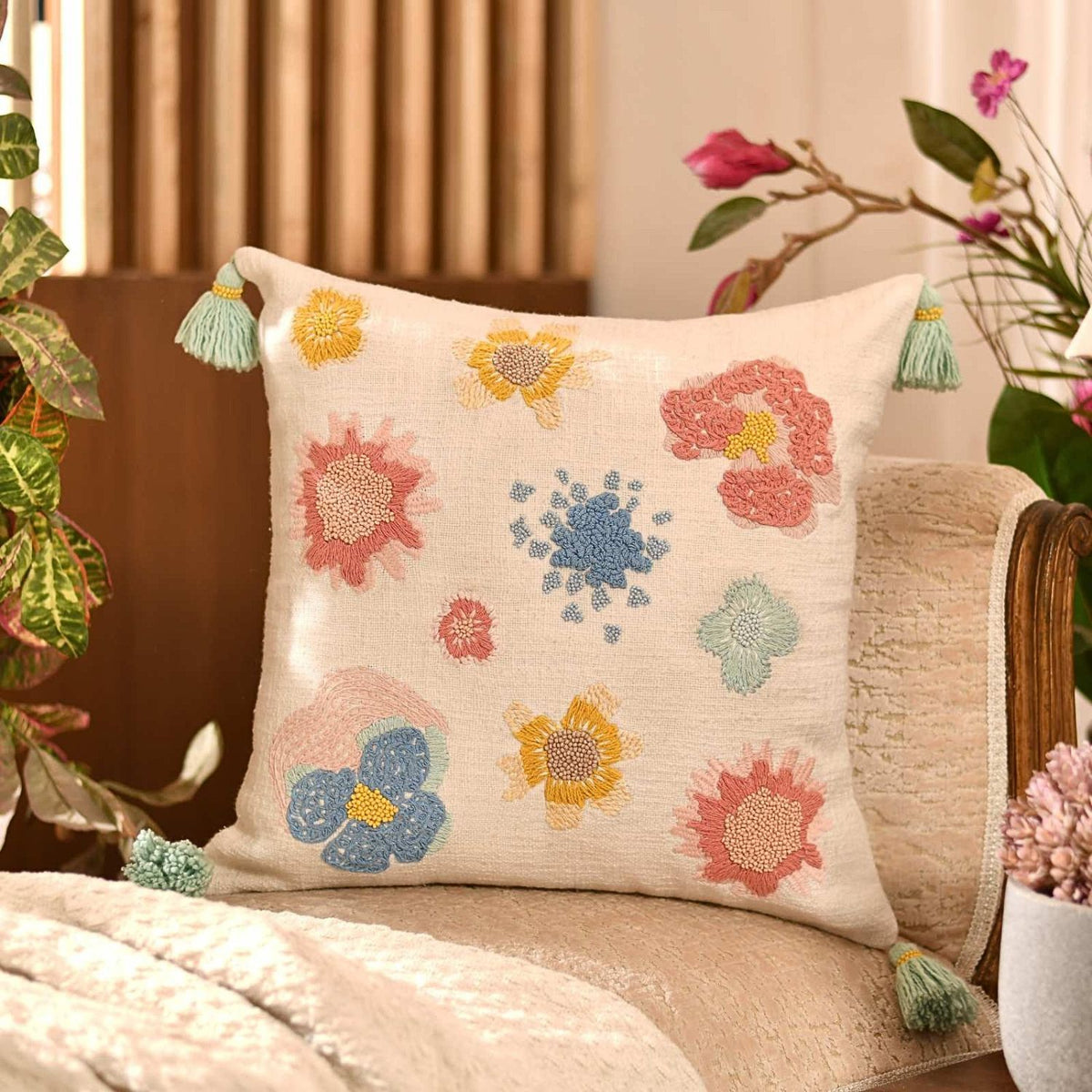 Pastel Bloom Hand Embroidered Cushion Cover