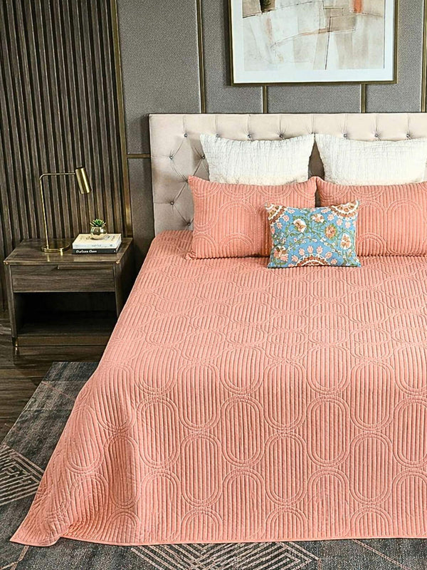 Cotton Linen Geometric Embroidered Quilt Set with Rich Cotton Backing - 2 Pillow Covers