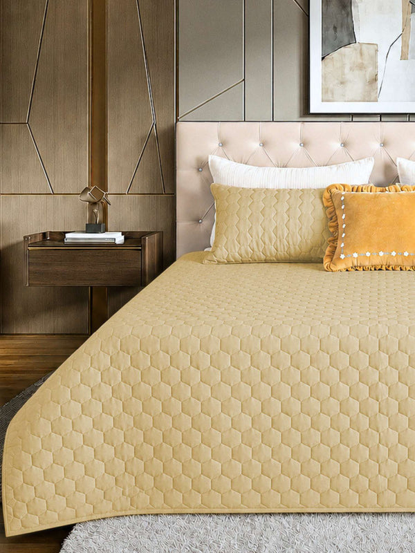 Golden Mist Hexagon Faux Silk Embroidered Bedspread with 2 Pillow Covers