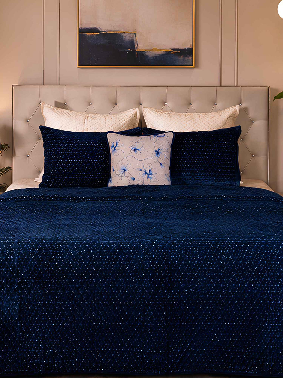 Midnight Stitch | Hand-Quilted & Hand-Embroidered Cotton Velvet Bedspread – Blue