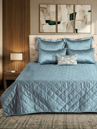 Imperial Blue Faux Silk Embroidered Bedspread with 2 Pillow Covers