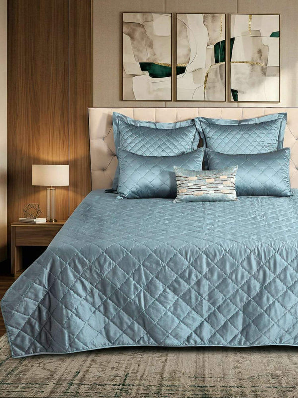 Imperial Blue Faux Silk Embroidered Bedspread with 2 Pillow Covers