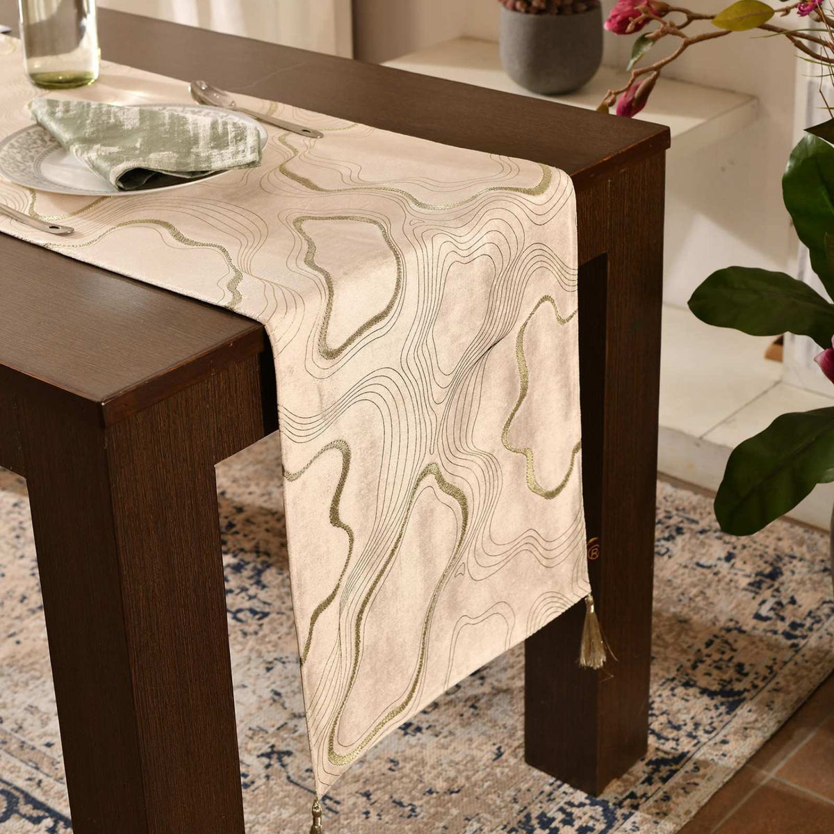 Topographic Foiled Pattern Embroidered Table Runner