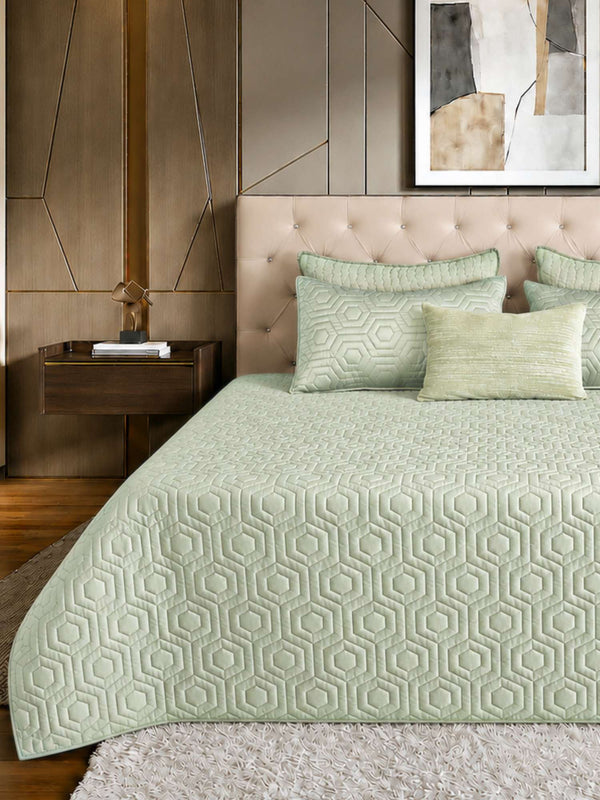 Sage Green Faux Silk Embroidered Bedspread with 2 Pillow Covers