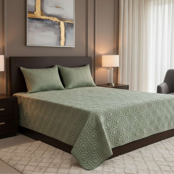 Sage Green Faux Silk Embroidered Bedspread with 2 Pillow Covers